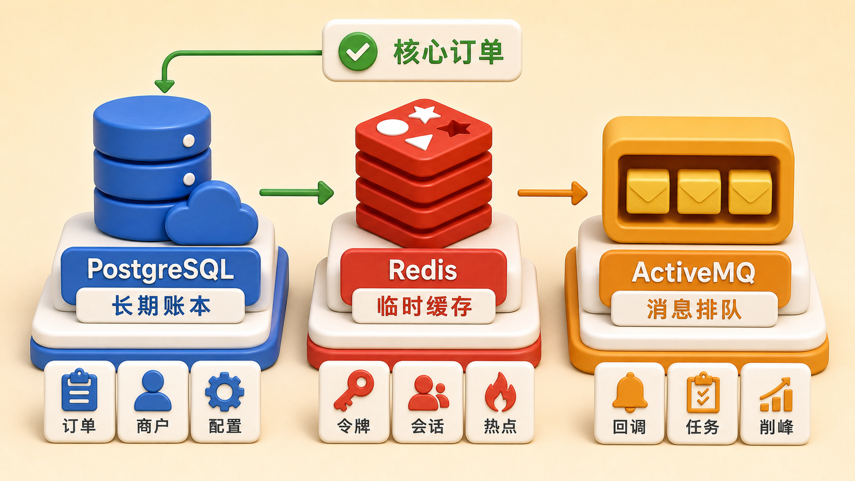 PostgreSQL Redis ActiveMQ 的职责区别