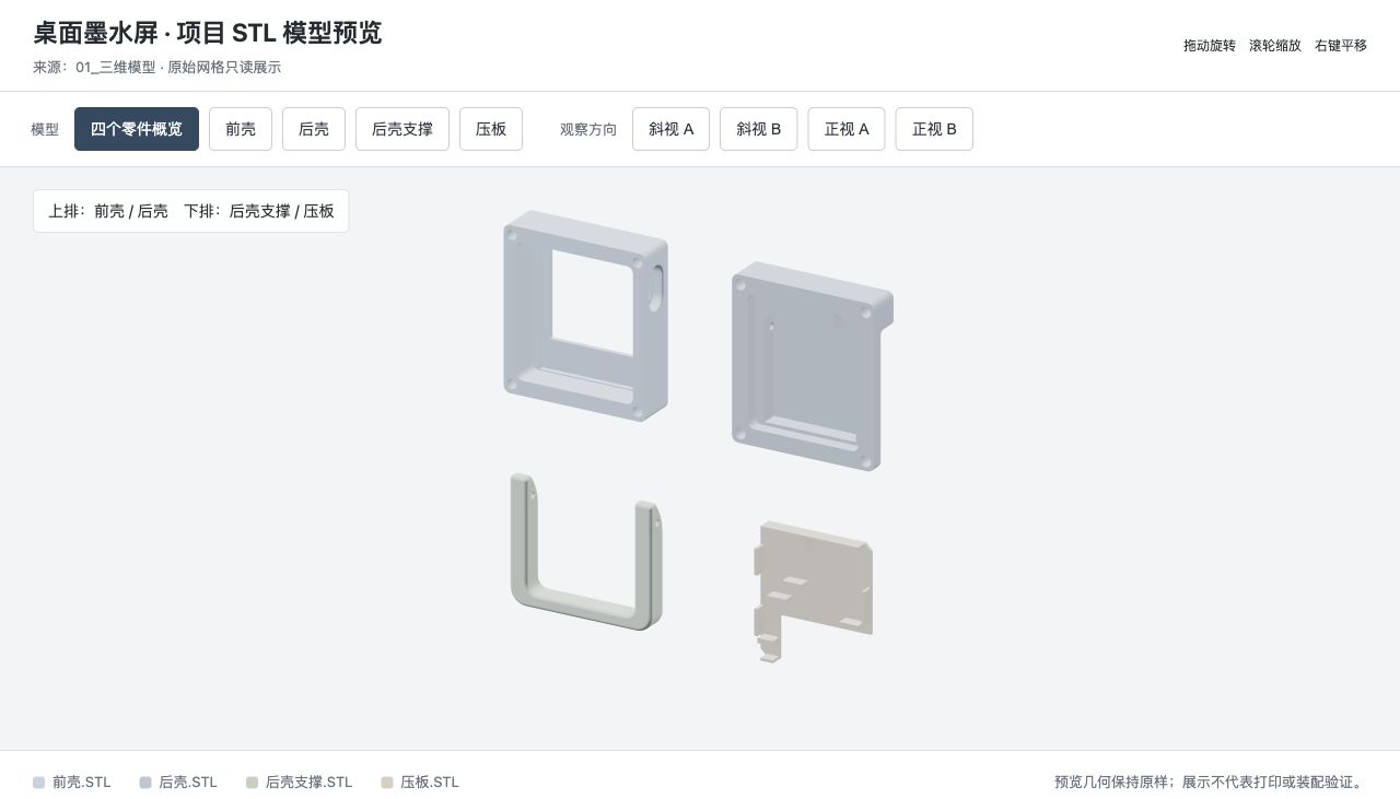 项目原始 STL 零件概览:前壳、后壳、支撑与压板,显示摆放不代表装配验证
