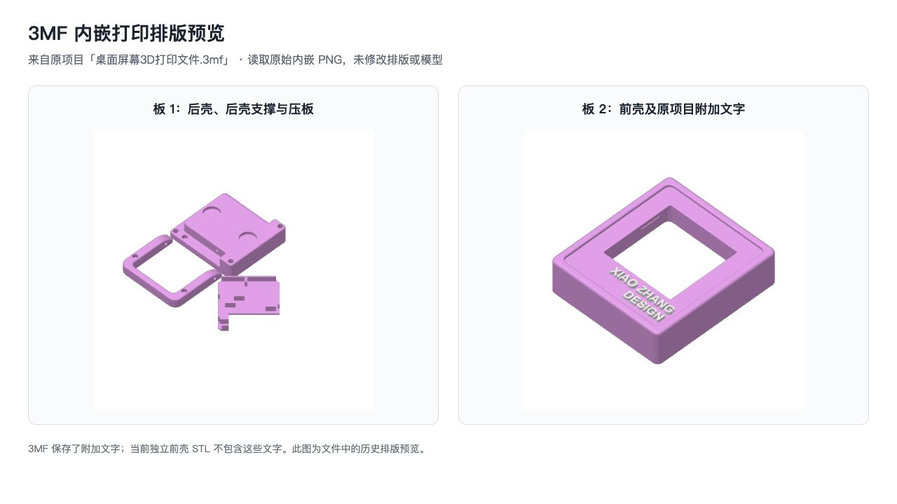 原项目 3MF 内嵌打印排版预览:后壳等零件与带附加文字的前壳
