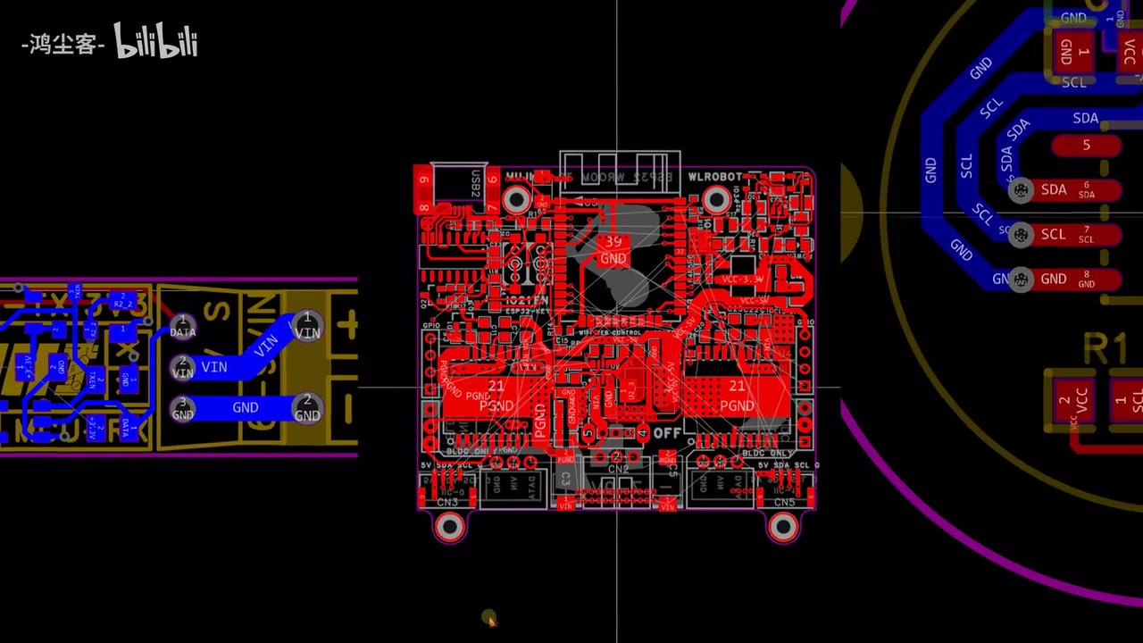 嘉立创 EDA 里打开的主控板 PCB,丝印上能看到 WLROBOT,Bilibili 投稿 00:15 截图