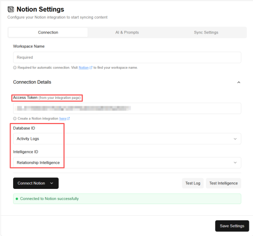 Notion 插件连接配置,密钥已遮挡,两个数据库分别选定