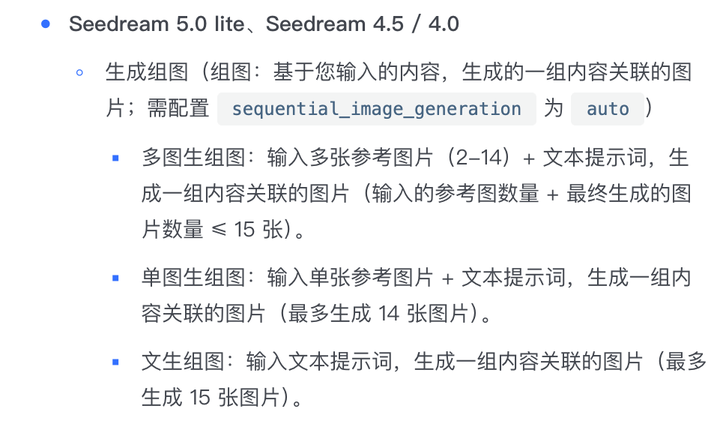 火山方舟图片生成 API 文档中的组图能力说明（网页截图）