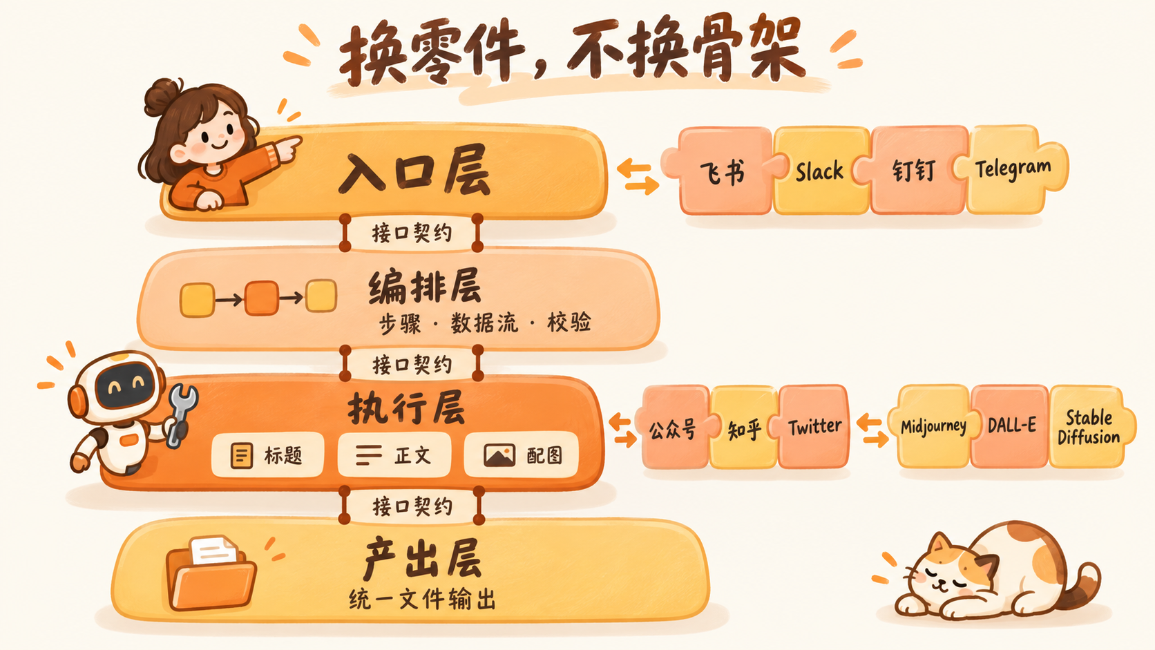 示意图：入口层、编排层、执行层、产出层四层结构与可替换模块