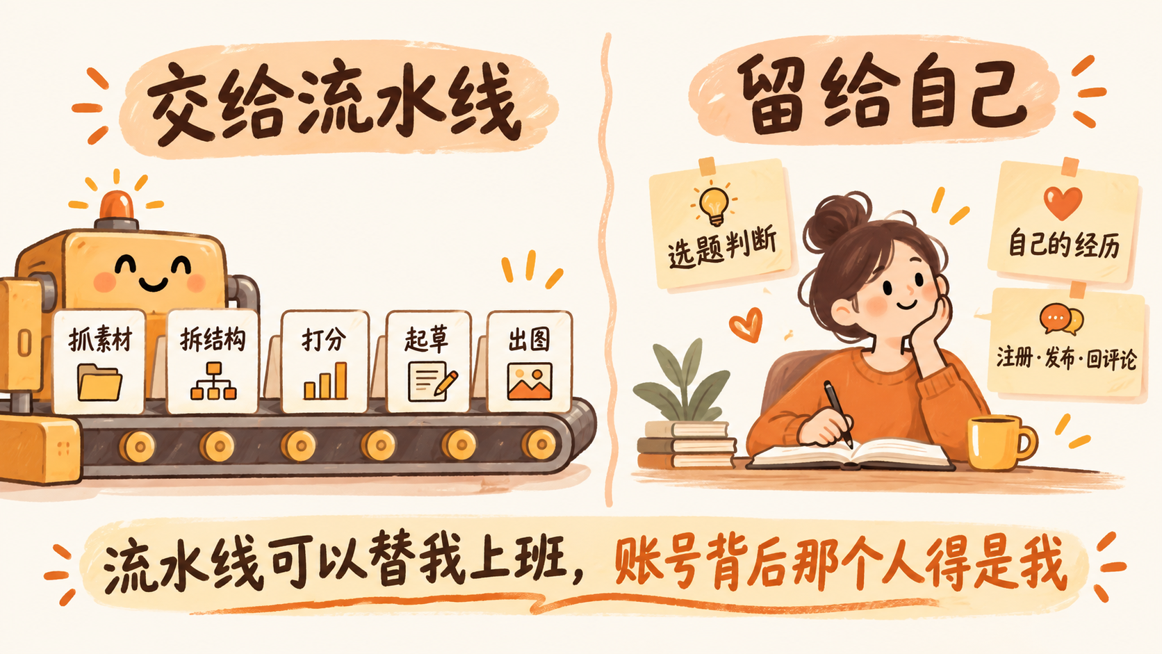 示意图：交给流水线的五件事与留给自己的三件事